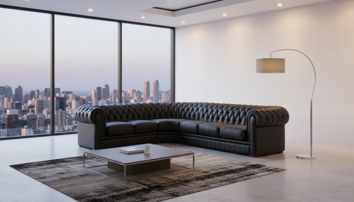 Chesterfield hoekbank L-vormige bank Designer bank Zwart Bank 100% Leer Direct