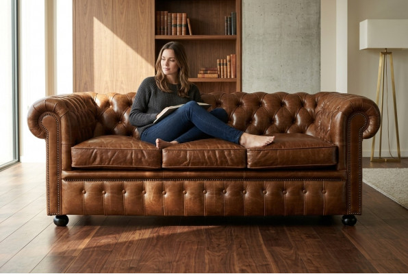 Bruin lederen Chesterfield driezits luxe 3-zits woonkamerbank.