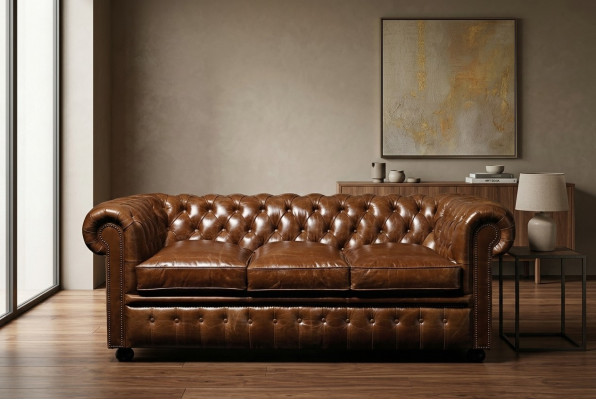 Bruin lederen Chesterfield driezits luxe 3-zits woonkamerbank.