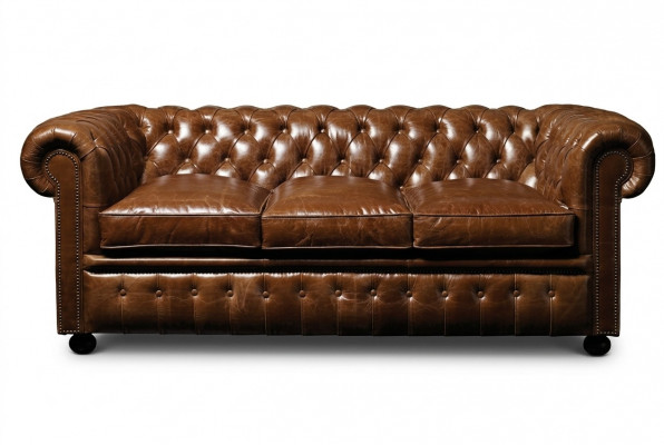 Bruin lederen Chesterfield driezits luxe 3-zits woonkamerbank.