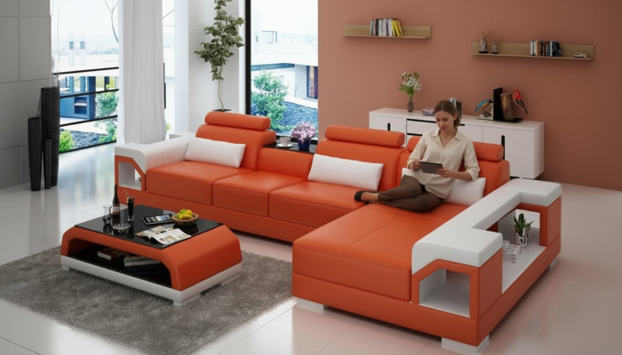 Leren bank Bank Woonlandschap Hoekbank Eck Set Ontwerp Modern Sofa G8010C
