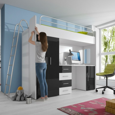 STAPELBED TWIJFELBED HOOGSLAPER BUREAU+KLEDINGKAST-RAJ 4D ZWART