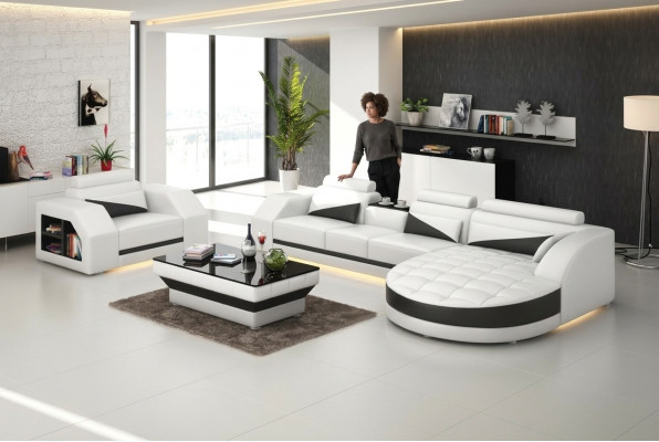 Leren bankstel Bank Woonlandschap Hoekbank + Fauteuil Set Design Bank G8018E