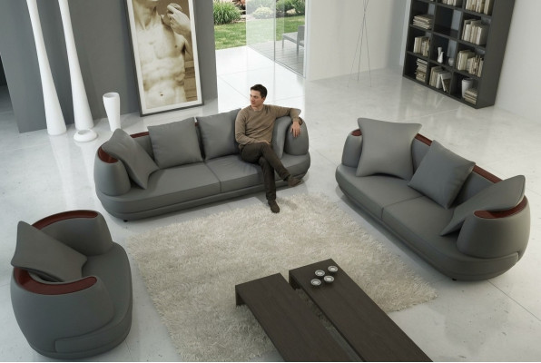 Bankstel Royal Luxe Designerbank Stoffering 3+2+1 Leren Bank Koninklijk Grijs