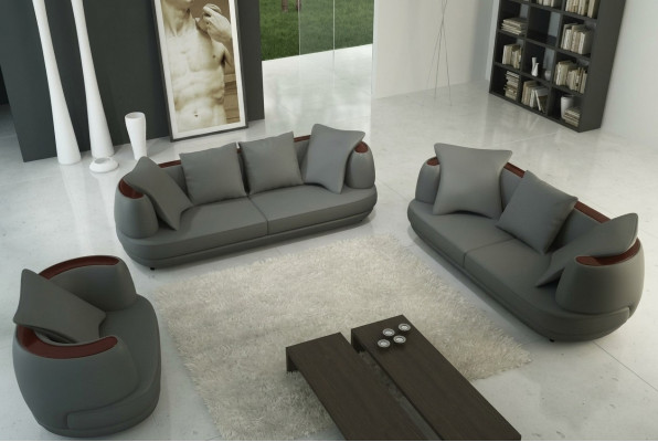 Bankstel Royal Luxe Designerbank Stoffering 3+2+1 Leren Bank Koninklijk Grijs