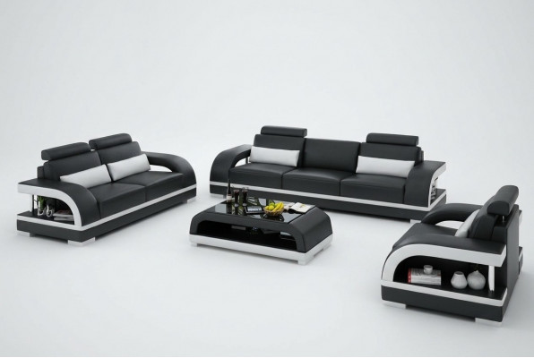 Designer Bankstel Leren Bankstel Set 3+2+1 Set Bank Bank Nieuw Citadel Z/W