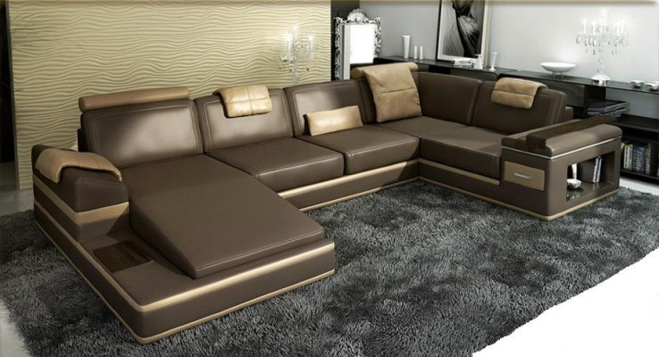 Hoekbank Bank Bankstel Lederen Set Woonlandschap Hoek Wonen Beige