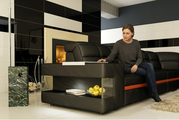 Leren bank Ontwerpersbank Hoekbank Bank Bekleed bank Hoekbank met verlichting.  Leren bank Ontwerpersbank Hoekbank Bank Bekleed bank Hoekbank met verlichting.