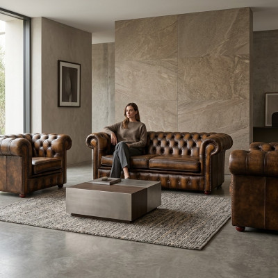 Chesterfield Leren Sofa 2+1+1 Textiel Bank Stof Bekleding Sofa Set