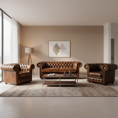 Chesterfield Leren Sofa 2+1+1 Textiel Bank Stof Bekleding Sofa Set