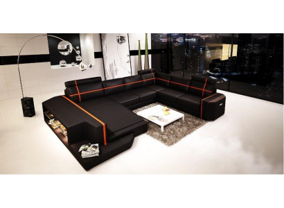 Ecksofa LED USB Ledersofa Modernes Sofa Couch U Form Wohnlandschaft +Beleuchtung