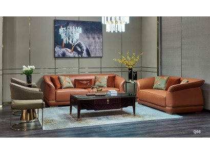 moderne Sofa Garnitur 3+2 Sitzer Design Ledersofa Couch Leder Orange Gruppe Neu