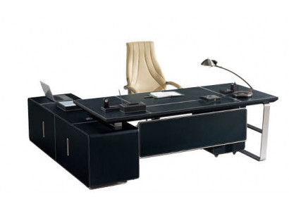 Leder-Eckschreibtisch in Grau mit MDF und Edelstahl, modern