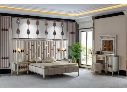 Schlafzimmer Set Beige Bett 2x Nachttische Schminktisch Spiegel Hocker Neu 6tlg.