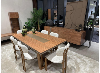 Volle Esszimmer Garnitur Holz Esstisch Polster Stühle Designer Anrichte