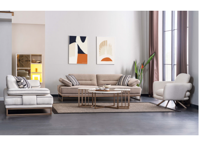 Weiß-Beige Wohnzimmer Couchgarnitur Robuster 3-Sitzer Couchtisch 6tlg