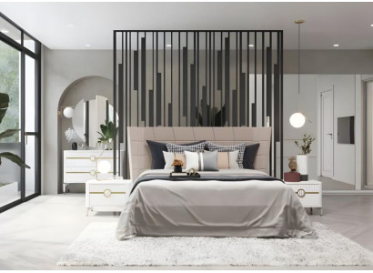 Komplette Schlafzimmer Doppelbett Nachttische Stoff 5tlg Weiß Kommode