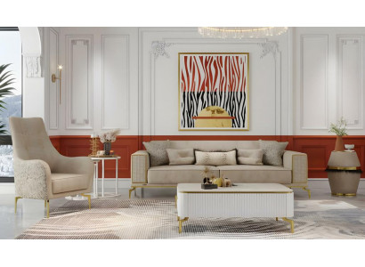Komplette Dreisitzer Sessel Beige Sofas Stoffsofa 2tlg Polstersofa Set