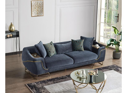 Design Wohnzimmer Luxus Sofa 3 Sitzer Chesterfield Sofa Blau Textil Hochwertig