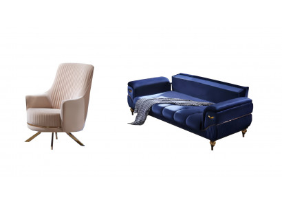 Wohnzimmer set Sofa 3+1 Sitzer Sessel Moderne Möbel Blau Beige 2tlg.