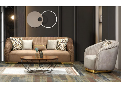 Sofa Couch Garnitur Sitzgruppe Kombination Polster Wohnzimmer Set 3+1 Gold