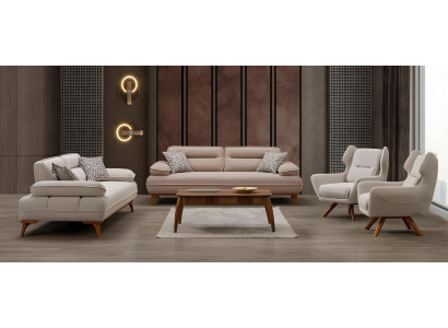 Moderne beige Stoff-Sofagarnitur aus Holz mit stilvollem Design