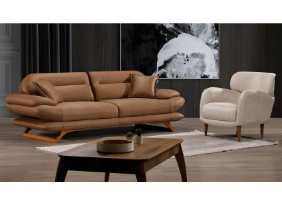 Moderner brauner Kunstleder Wohnzimmer Set 3+1 Sofa und Sessel