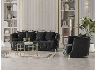 Luxus 2tlg Wohnzimmer Set Sofa 3-Sitzer Sessel Modernes Design Couch Schwarz