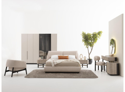 Schlafzimmer Set in Beige aus Holz, Textil und Glas, modern