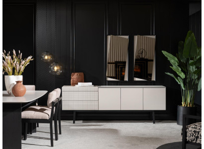Weißes Holz Esszimmer Set mit Sideboard und Spiegel modern