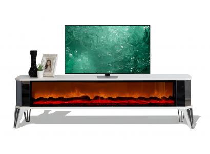 Weißer TV-Schrank mit Elektrokamin und stilvoller LED-Beleuchtung