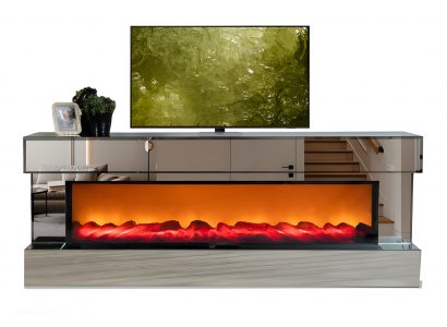 TV-Lowboard aus Spiegelelementen mit Kamineffekt in rechteckiger Form