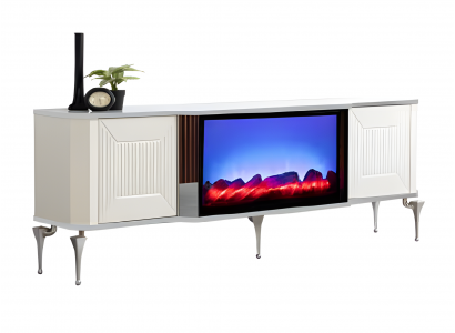 Stylischer TV-Lowboard mit Elektrokamin, Bluetooth-Sound und Fernbedienung