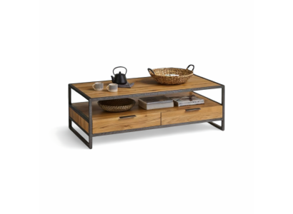 Couchtisch aus Holz und Metall mit praktischen Schubladen und offenem Regal