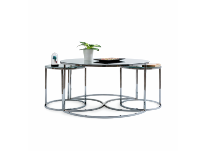 Kunstvoller Couchtisch mit zwei Anbautischen, runder Platte und klarem Design