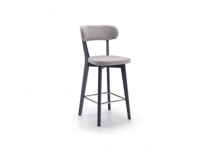 Barhocker mit grauem Stoffbezug und schwarzem Metallgestell