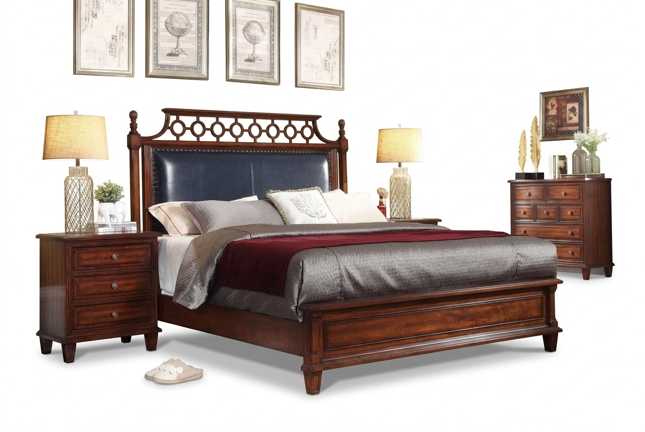 Echt houten bed lederen 3-delige set commode slaapkamer Gründerzeit garnituur groep
