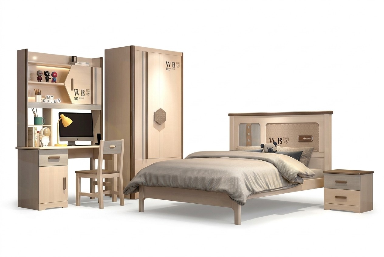 Kinderkamer jeugdkamer set bed kledingkast nachtkastje bureau 4-delige.