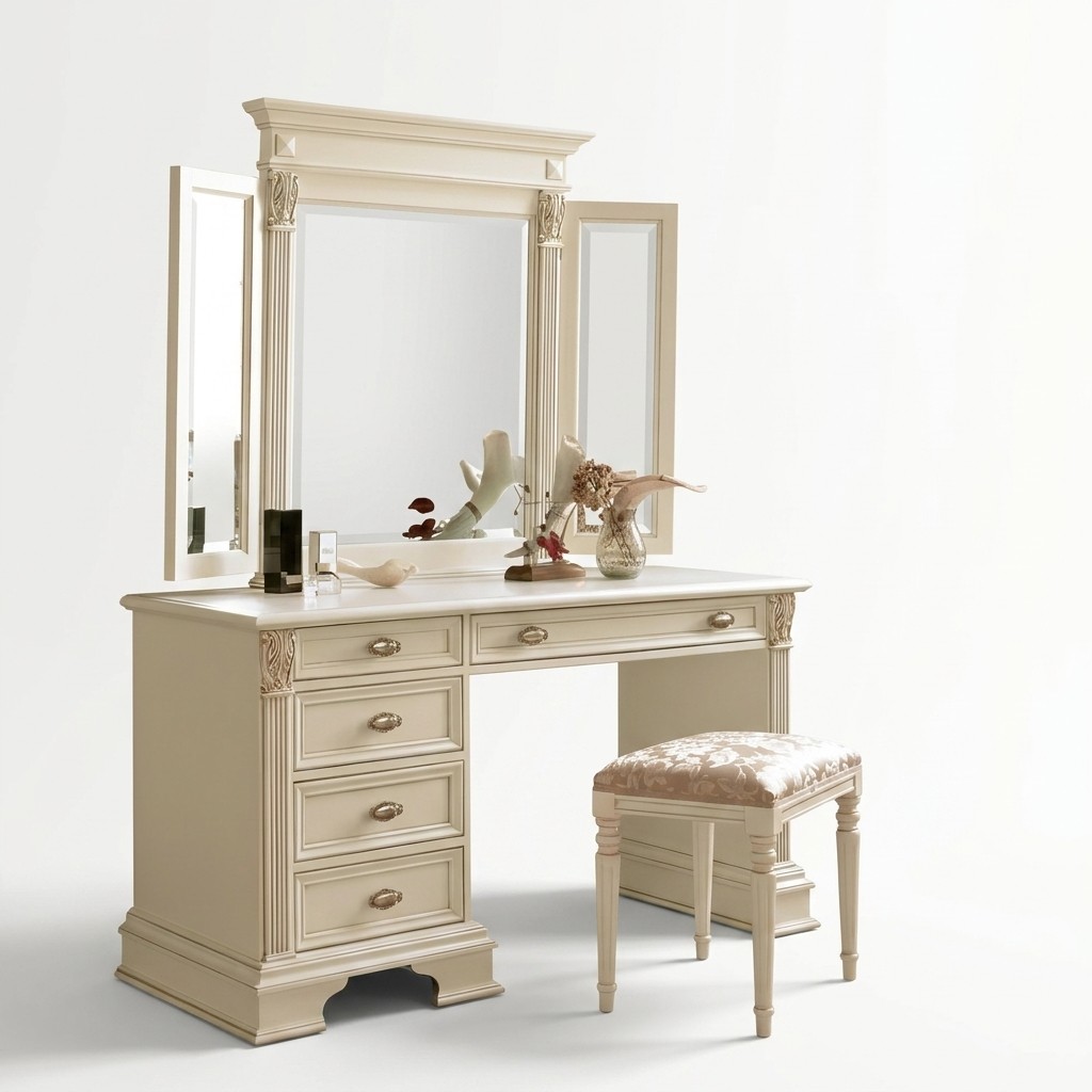 Kaptafel Spiegel Kruk Compleet Commode Set Slaapkamer Nieuw 3-delig.