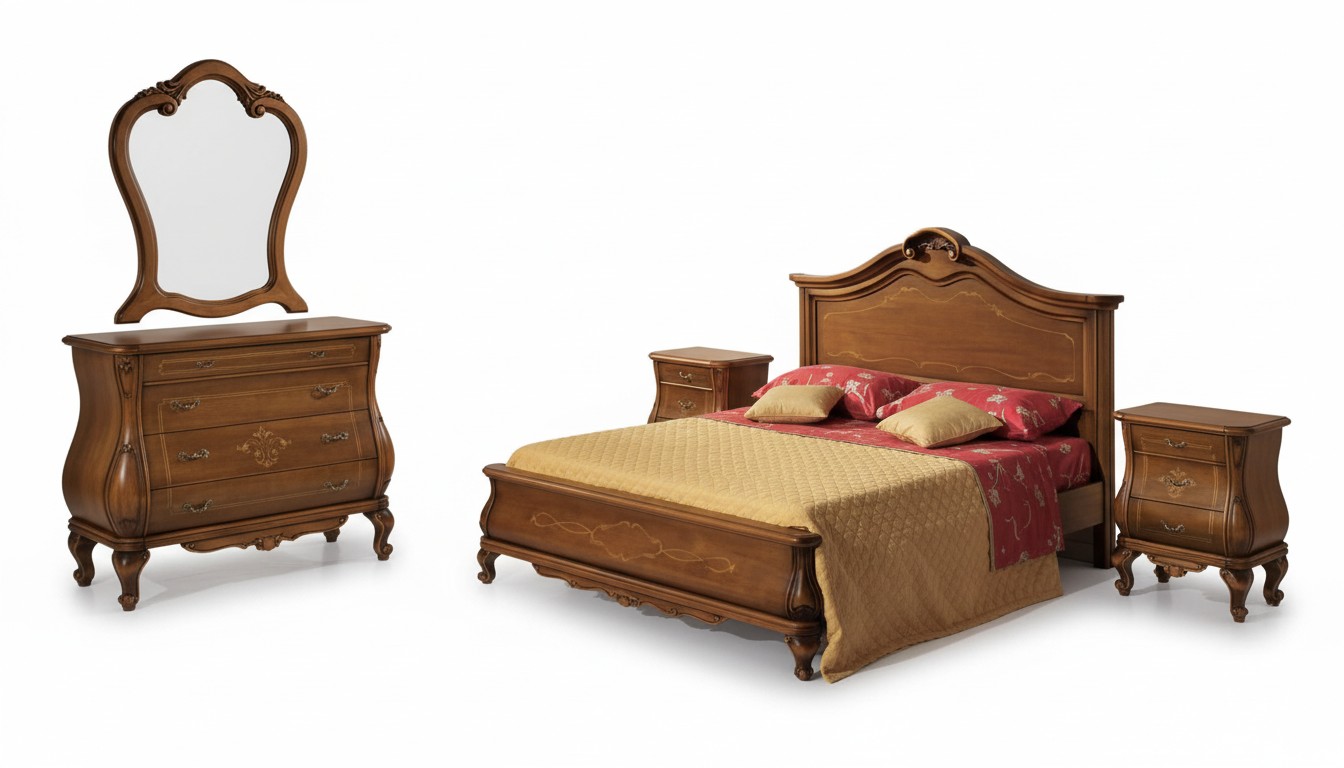 Bruine slaapkamer set met bed, 2 nachtkastjes, commode, spiegel. Klassiek.