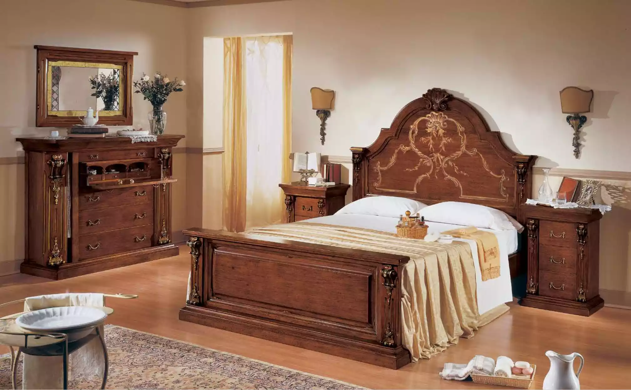 Klassieke bruine slaapkamer set bed 2x nachtkastjes dressoir set 5-delig