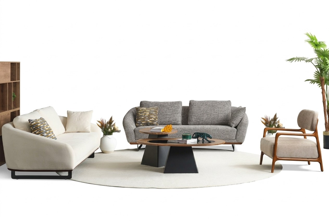 Bankstel Driepersoons Fauteuil Bank Stof Beige Stoffen Bankstel Set Grijs 3+3+1