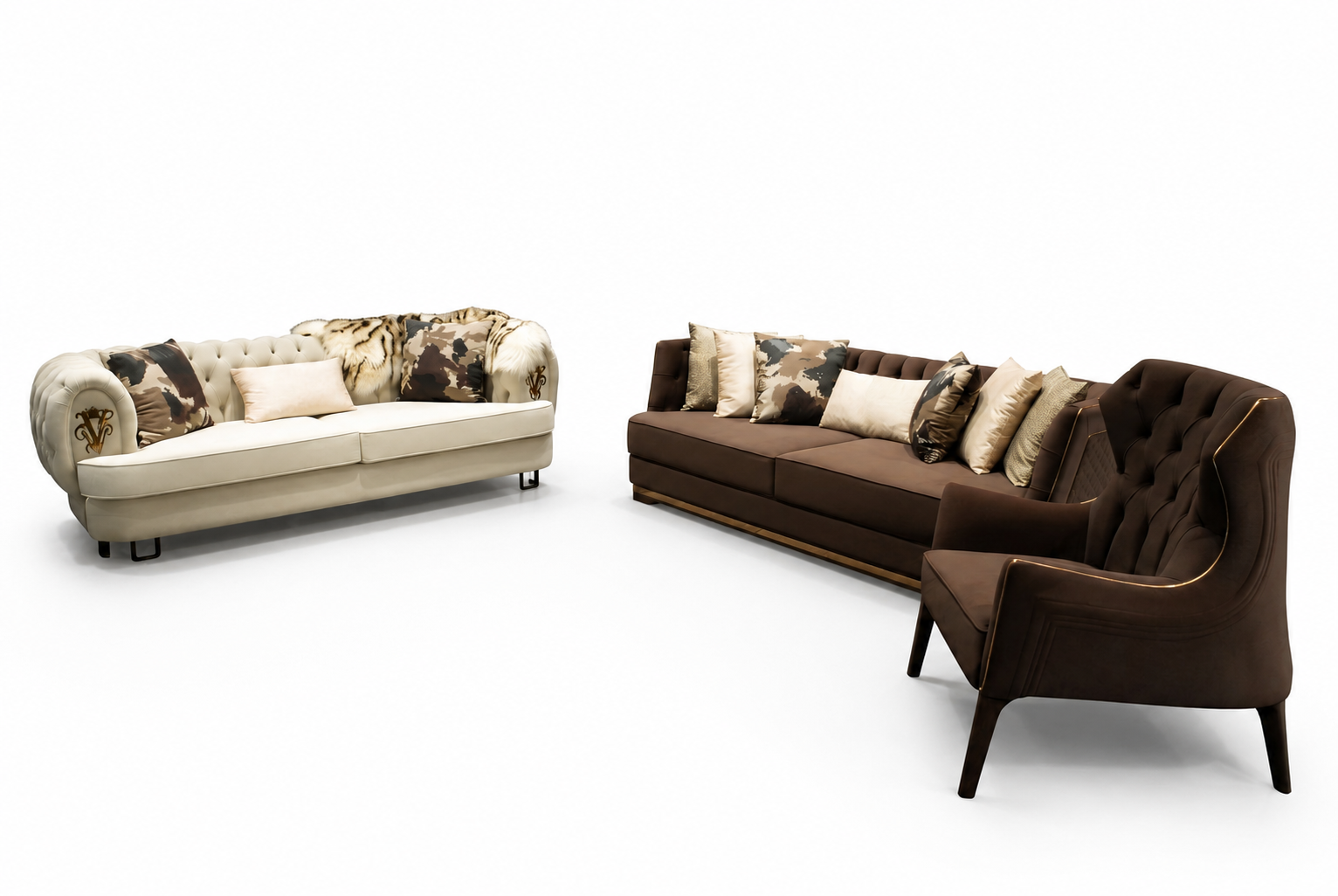 Bankstel driepersoons fauteuil stoffen bank bekleding bruin set banken