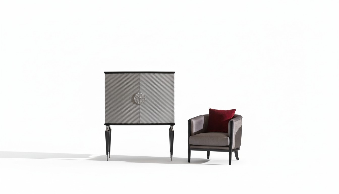 Garnituur Fauteuil Barkast Grijs Stof Oorfauteuil Bar Woonkamer Set