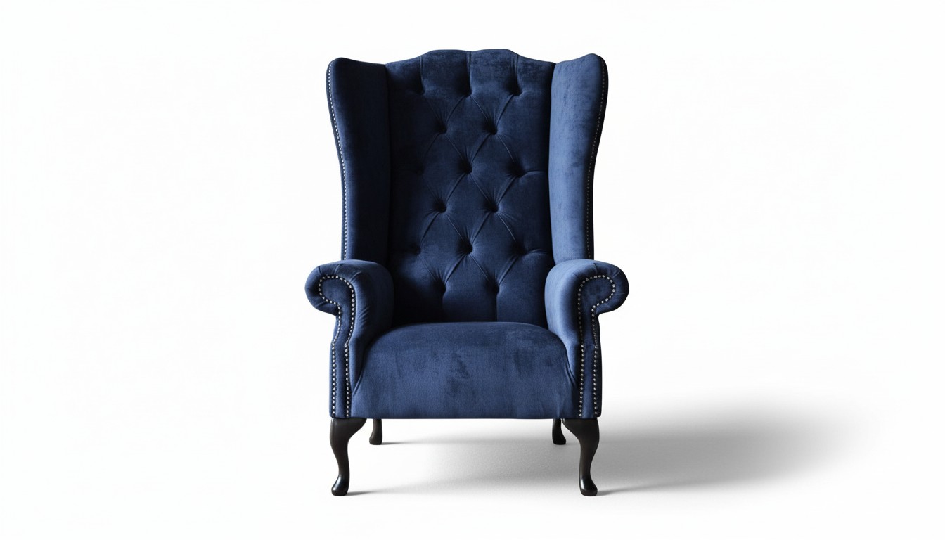 Chesterfield design fauteuil bekleding luxe blauw textiel bank oorfauteuil