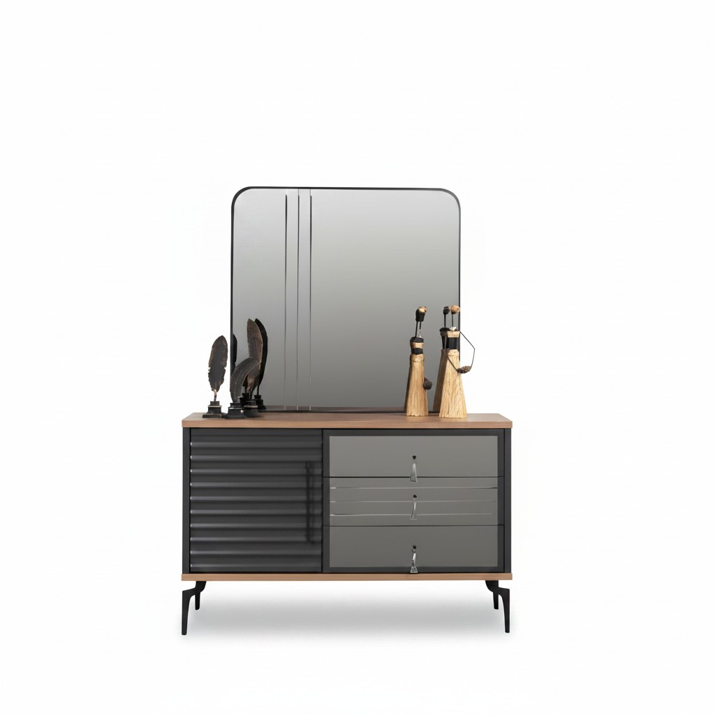 Stijlvolle bruine commode rechthoekige spiegel elegant slaapkamer set.