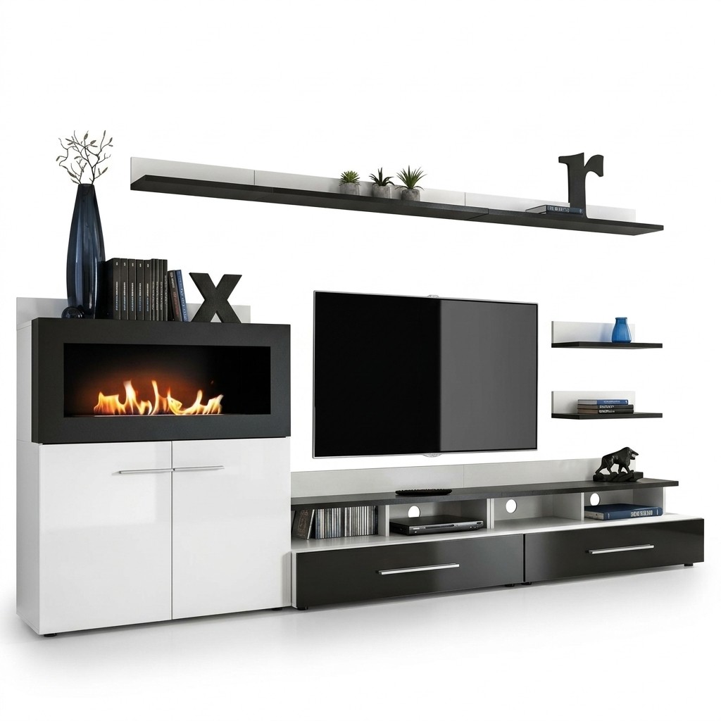 Wandmeubel TV-standaard met ingebouwde open haard, designermeubels, modern.