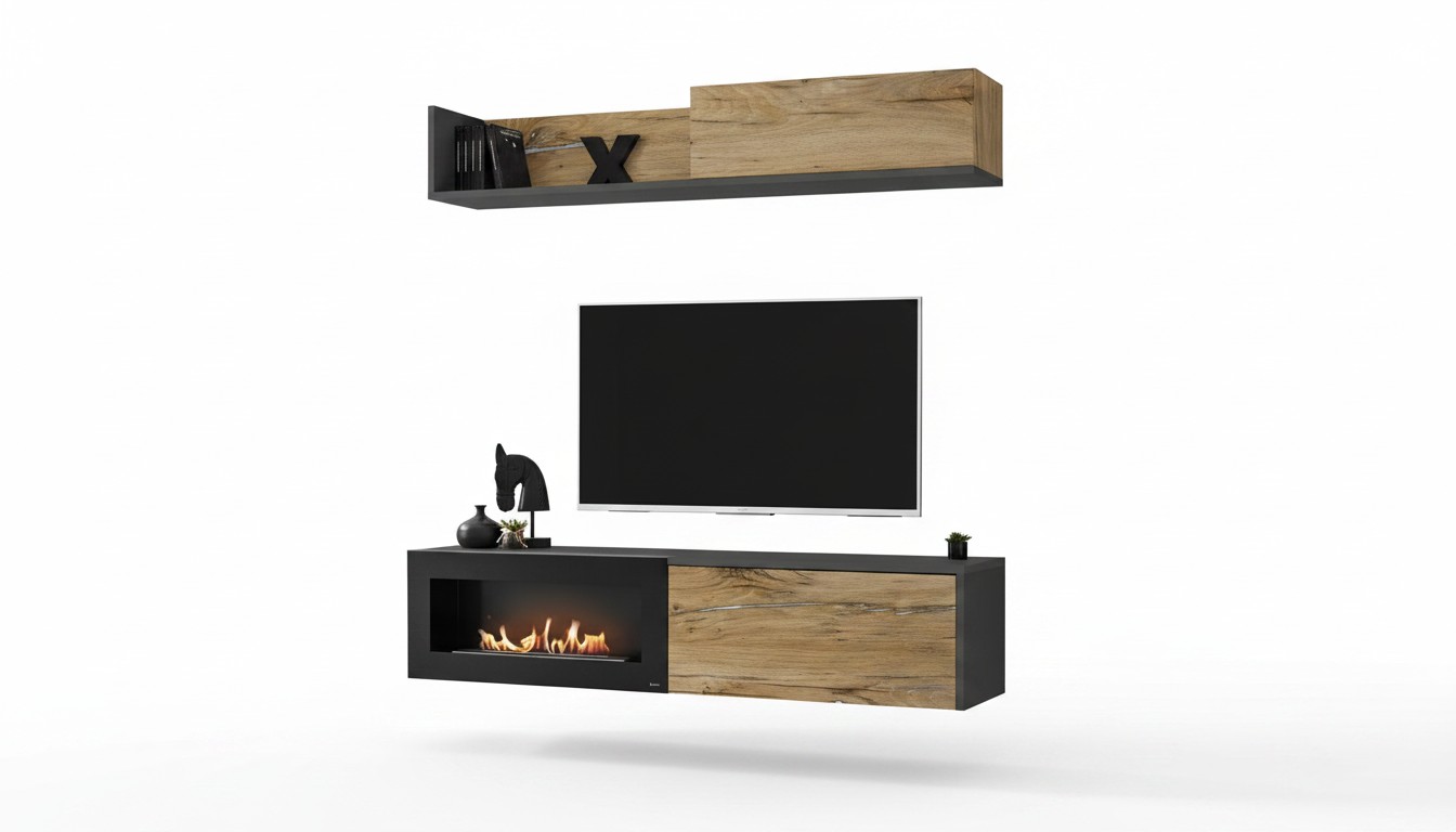Wandmeubel tv-meubel woonkamer boekenplank TV-standaard met open haard Modern hout Bruin