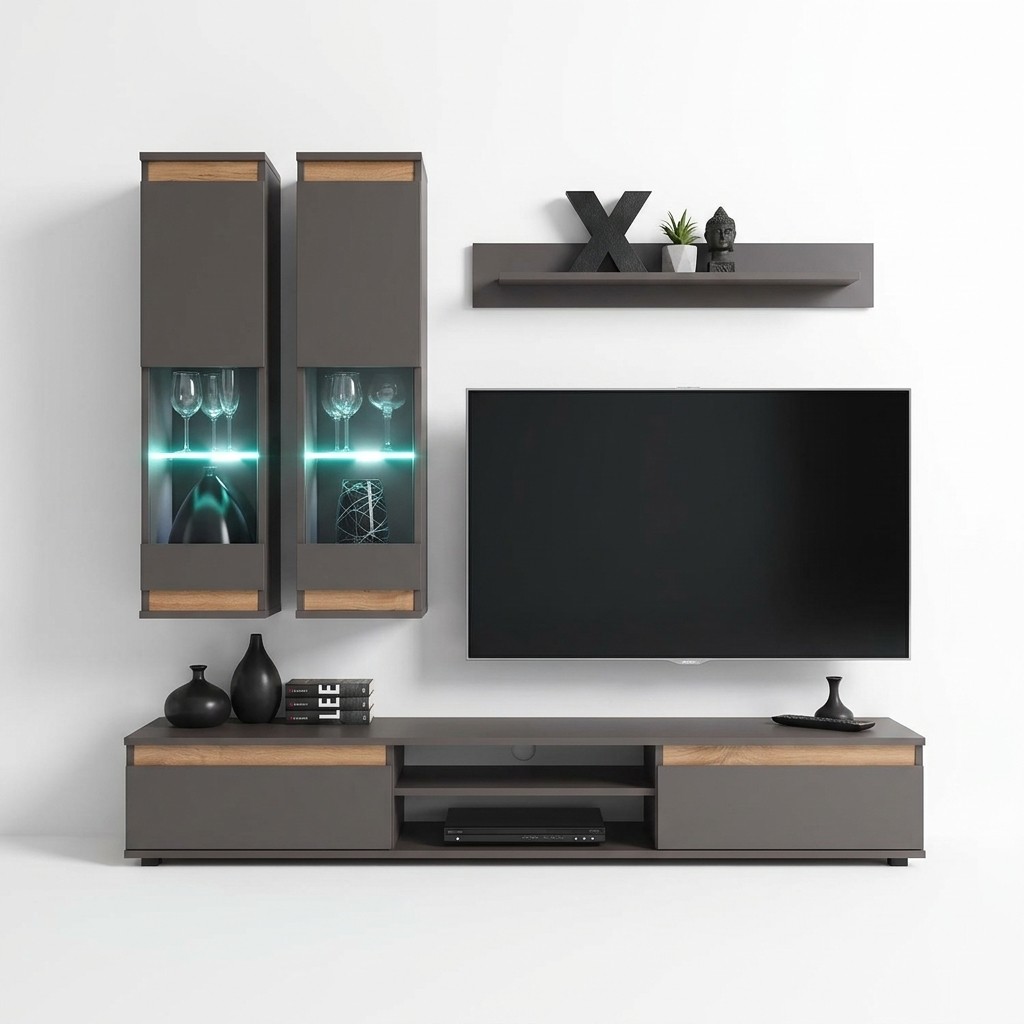 Luxe woonkamer tv-standaard van hout, grijs meubilair, wandkast.