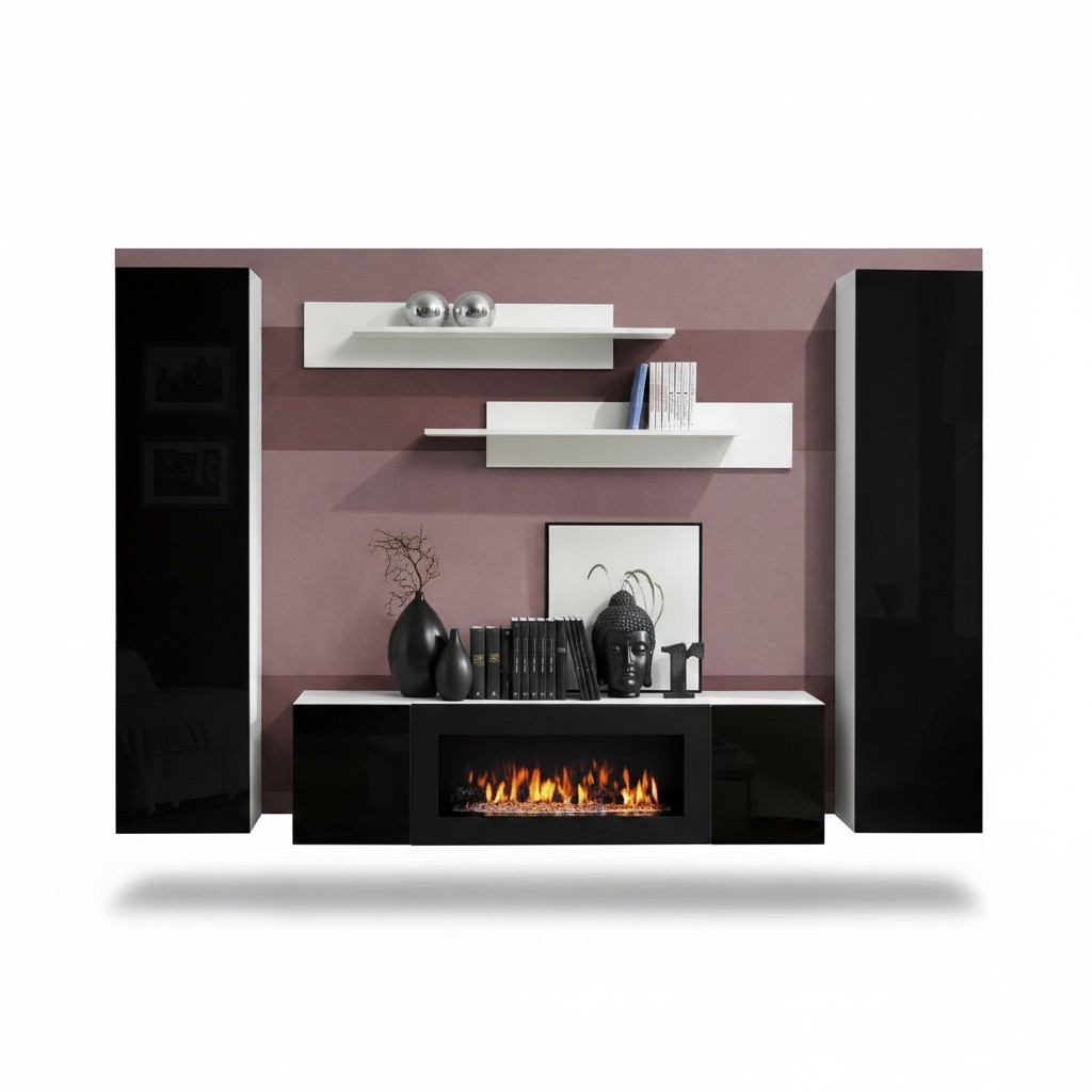 Tv-meubel met open haard woonkamer design wandplanken wandkast hout